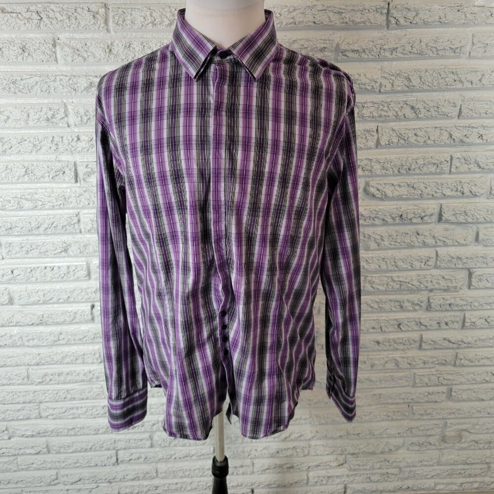 7 Diamonds Mens Shirt XXL Long Sleeve‎ Button Up Purple Black Plaid PLA106E
